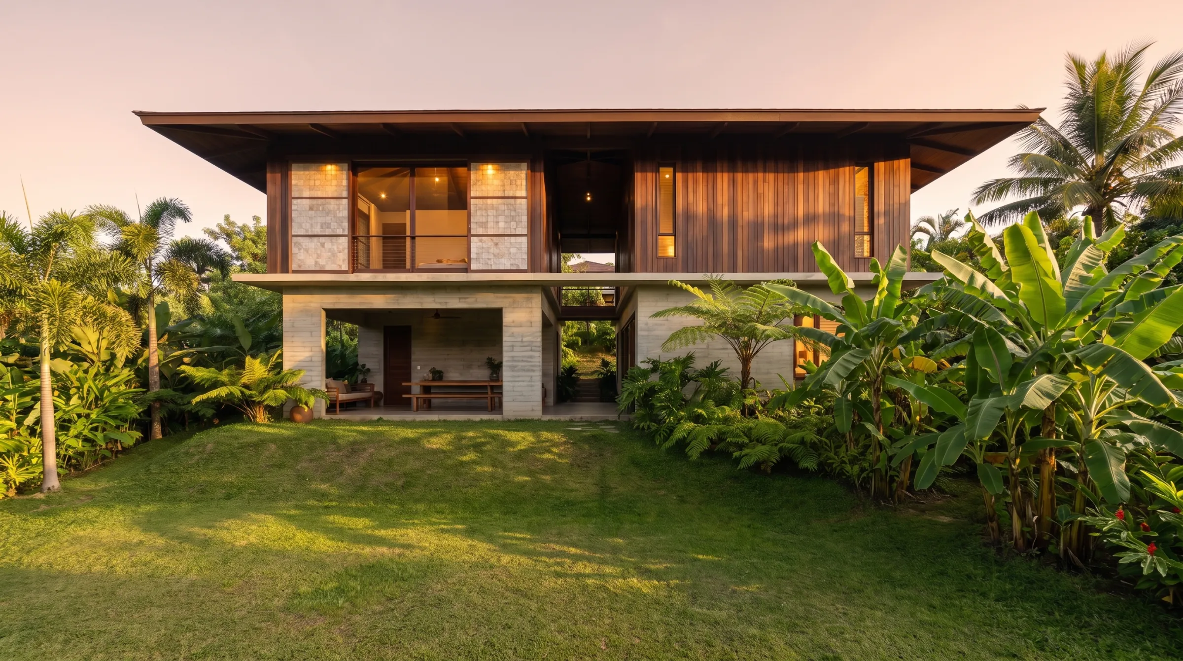 A modern Filipino house with a shaded ground-floor porch at golden hour